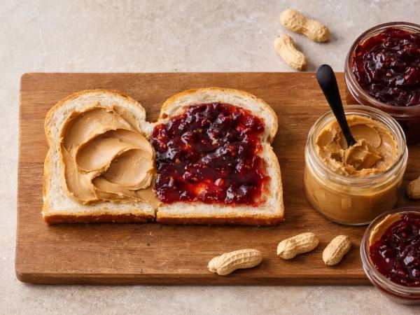 Slice of bread with peanut butter and jelly