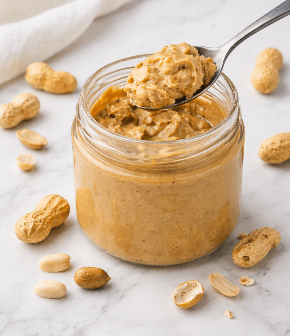 Jar of peanut butter with spoon