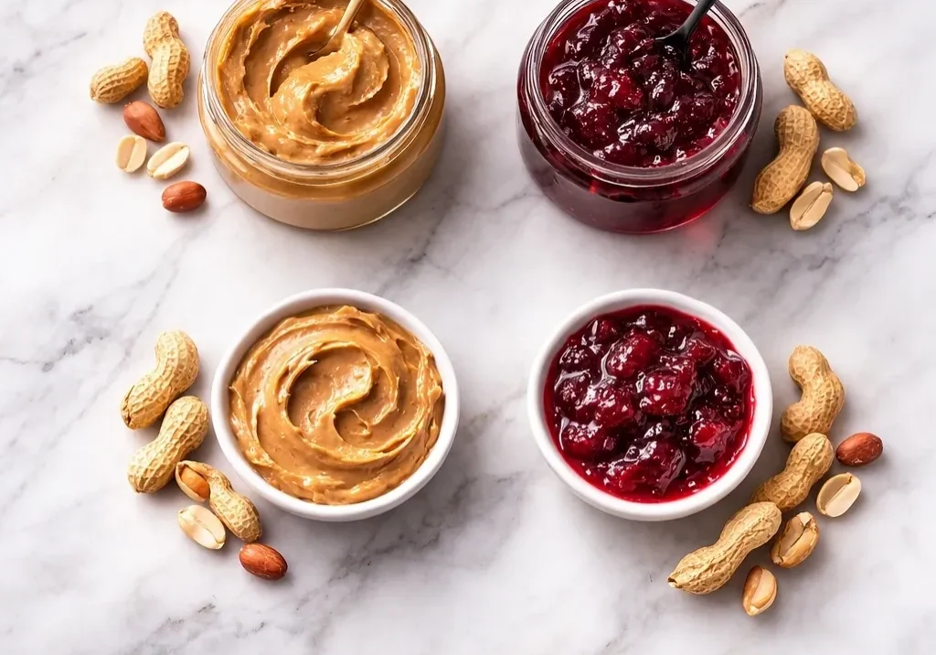 Glass jars of peanut butter and berry jam