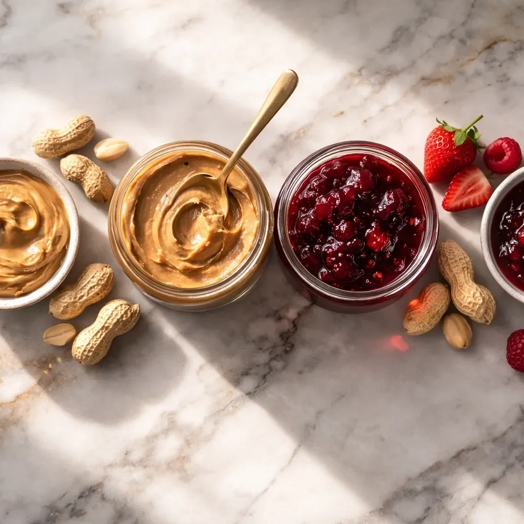 Jars of peanut butter and berry jam